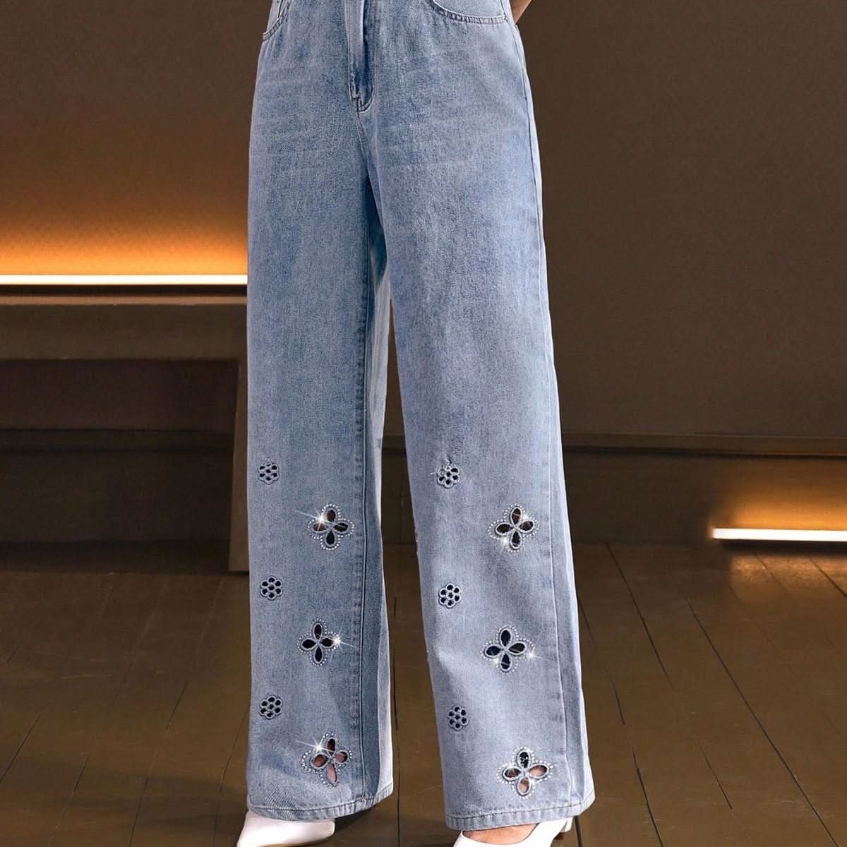 Straight fit with embroidery jeans for girls for woman premium.