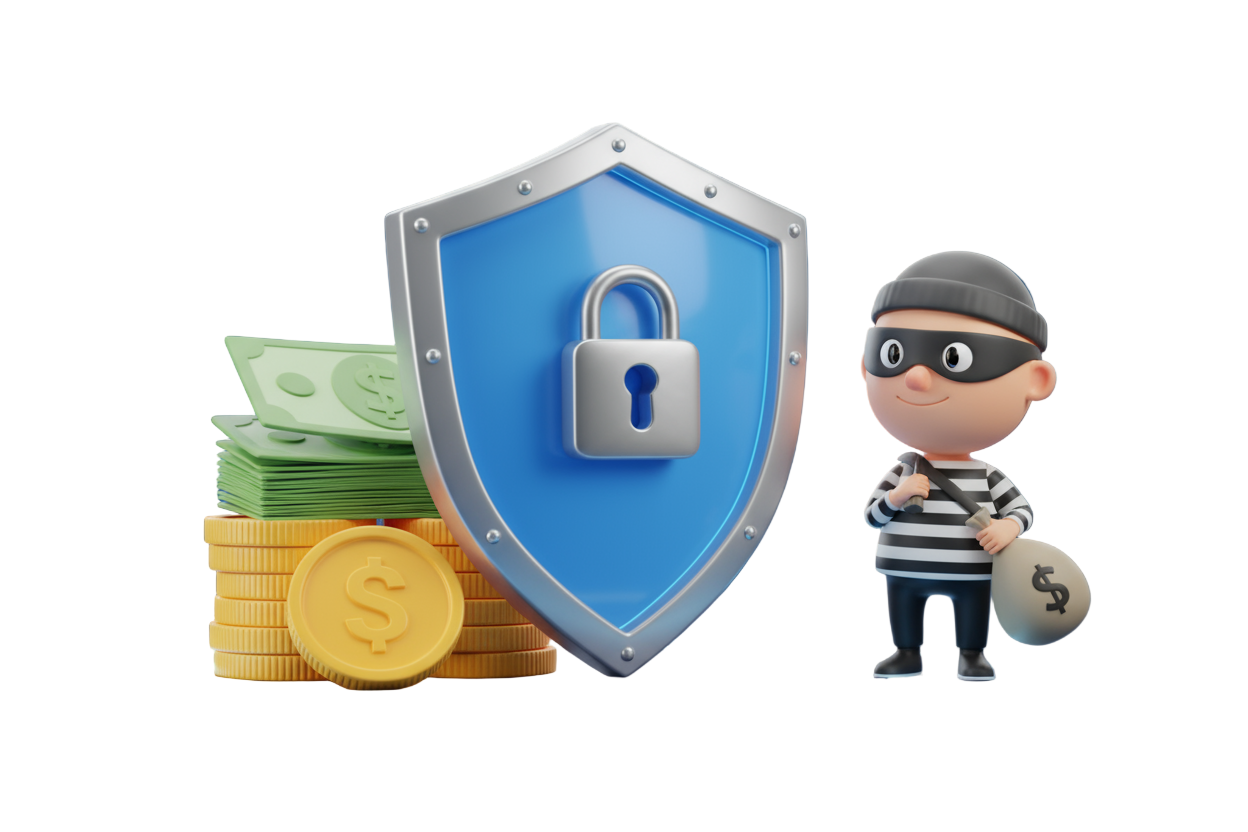 payment secure money icon + security shield and thief smiled 3d image 